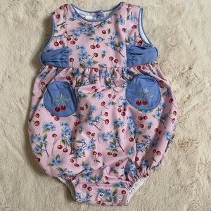 Dondolo Pink Floral Bubble Romper with Blue Trim